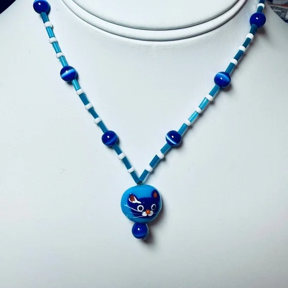 Children's Blue Beaded Cat Necklace - Picture 1 of 5